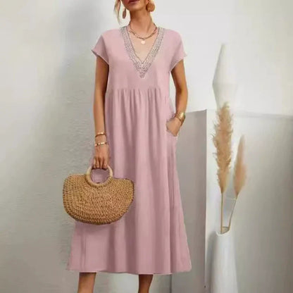 ⌛Promoção por tempo limitado-Vestido feminino elegante, com decote em V, manga curta e corte solto