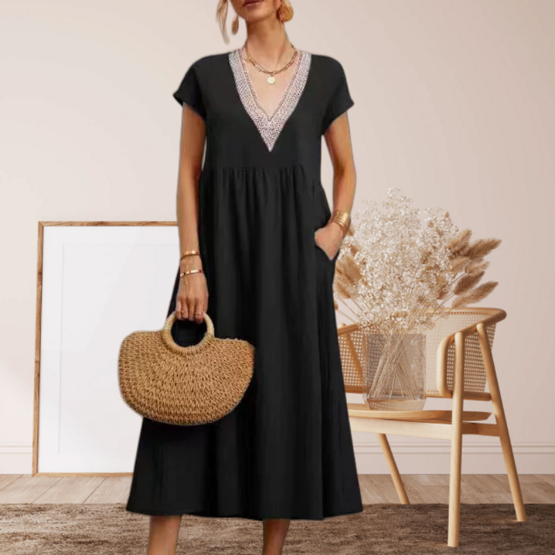 ⌛Promoção por tempo limitado-Vestido feminino elegante, com decote em V, manga curta e corte solto