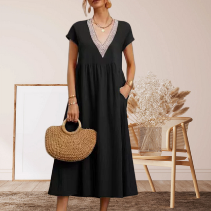 ⌛Promoção por tempo limitado-Vestido feminino elegante, com decote em V, manga curta e corte solto