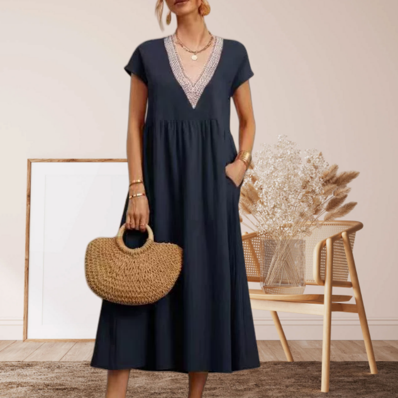 ⌛Promoção por tempo limitado-Vestido feminino elegante, com decote em V, manga curta e corte solto
