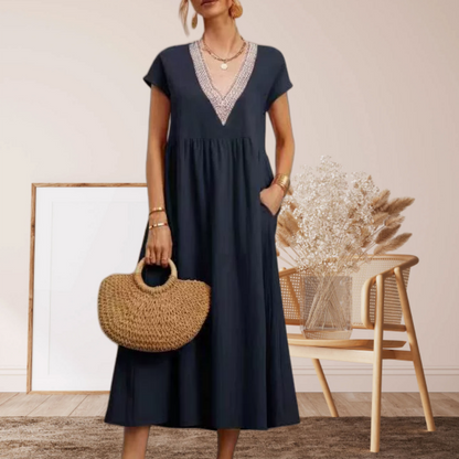 ⌛Promoção por tempo limitado-Vestido feminino elegante, com decote em V, manga curta e corte solto