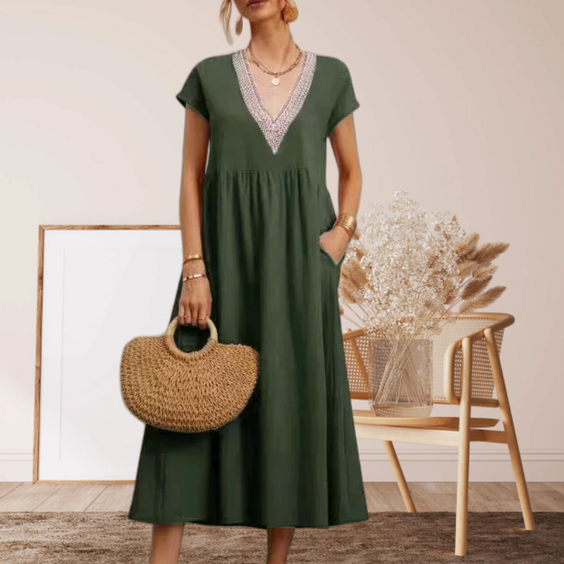 ⌛Promoção por tempo limitado-Vestido feminino elegante, com decote em V, manga curta e corte solto