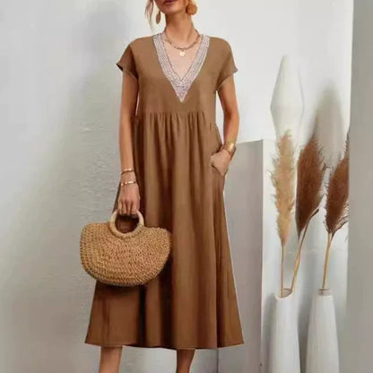 ⌛Promoção por tempo limitado-Vestido feminino elegante, com decote em V, manga curta e corte solto