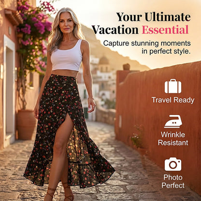 ⌛Promoção por tempo limitado-Saia midi feminina com estampa floral, cintura alta, babados e fenda, ideal para as férias de verão