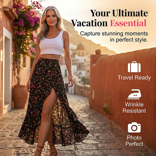 ⌛Promoção por tempo limitado-Saia midi feminina com estampa floral, cintura alta, babados e fenda, ideal para as férias de verão