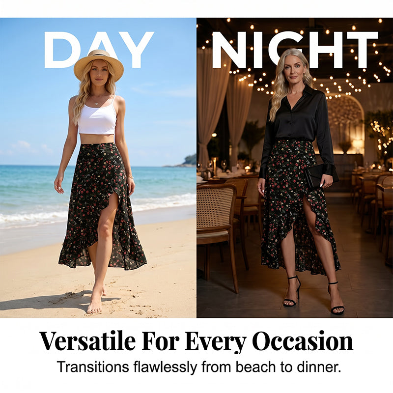 ⌛Promoção por tempo limitado-Saia midi feminina com estampa floral, cintura alta, babados e fenda, ideal para as férias de verão