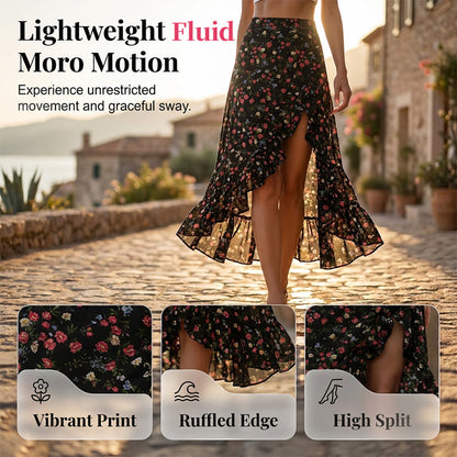 ⌛Promoção por tempo limitado-Saia midi feminina com estampa floral, cintura alta, babados e fenda, ideal para as férias de verão