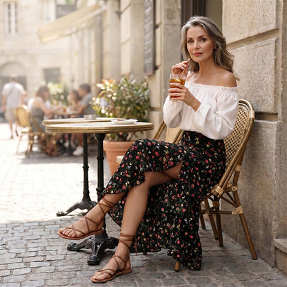 ⌛Promoção por tempo limitado-Saia midi feminina com estampa floral, cintura alta, babados e fenda, ideal para as férias de verão