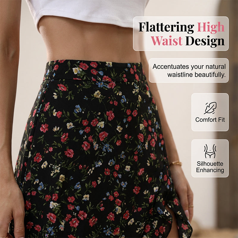 ⌛Promoção por tempo limitado-Saia midi feminina com estampa floral, cintura alta, babados e fenda, ideal para as férias de verão
