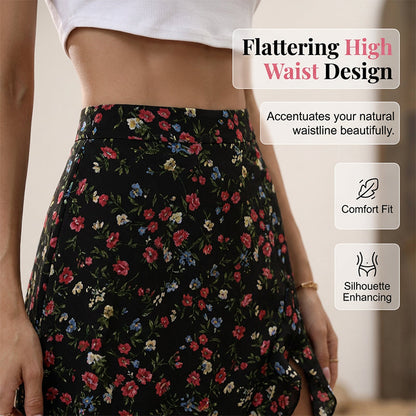 ⌛Promoção por tempo limitado-Saia midi feminina com estampa floral, cintura alta, babados e fenda, ideal para as férias de verão