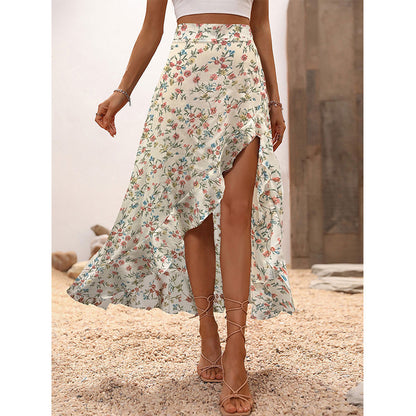 ⌛Promoção por tempo limitado-Saia midi feminina com estampa floral, cintura alta, babados e fenda, ideal para as férias de verão