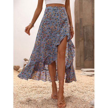 ⌛Promoção por tempo limitado-Saia midi feminina com estampa floral, cintura alta, babados e fenda, ideal para as férias de verão