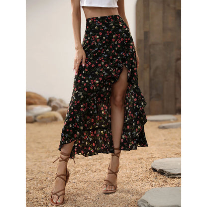 ⌛Promoção por tempo limitado-Saia midi feminina com estampa floral, cintura alta, babados e fenda, ideal para as férias de verão