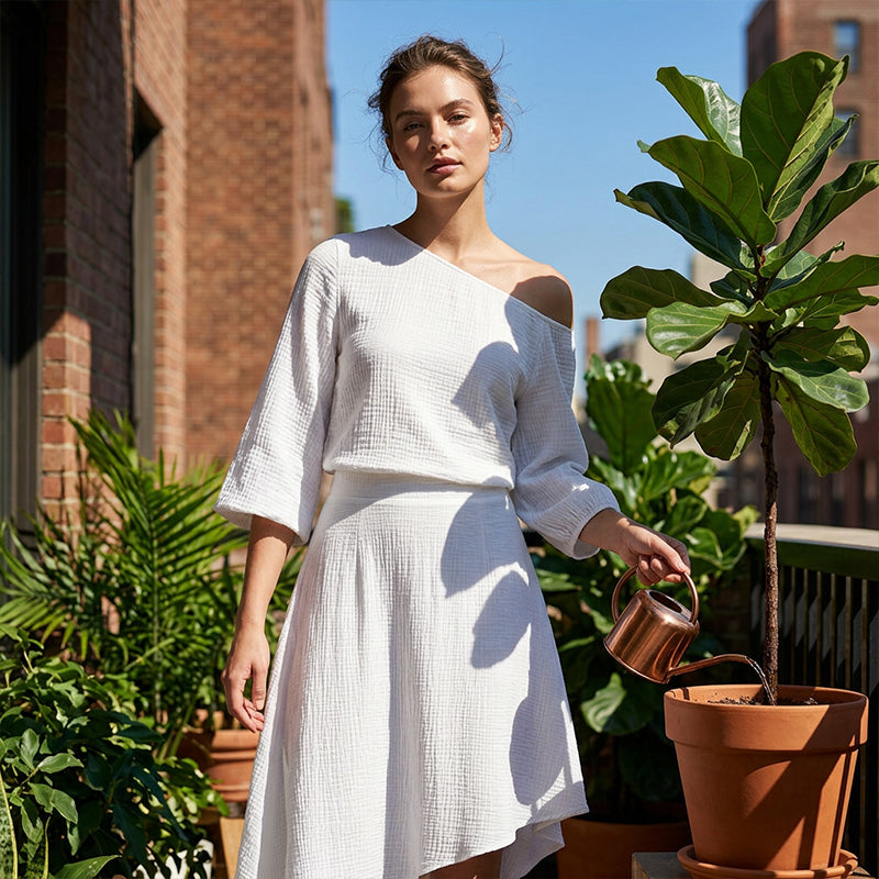 🔥Promoções de novos produtos-Conjunto feminino com blusa com ombros à mostra e saia assimétrica