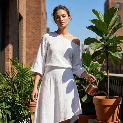 🔥Promoções de novos produtos-Conjunto feminino com blusa com ombros à mostra e saia assimétrica