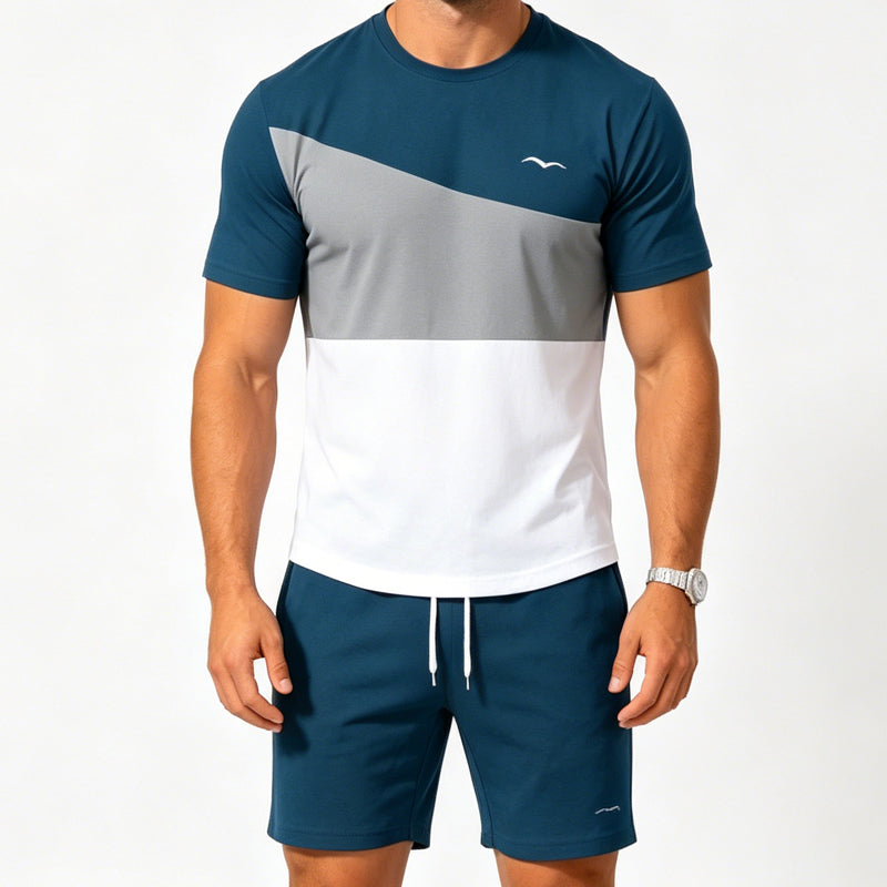 📢📢40% DE DESCONTO!! ⏰Conjunto de camiseta e bermuda masculina com blocos de cores