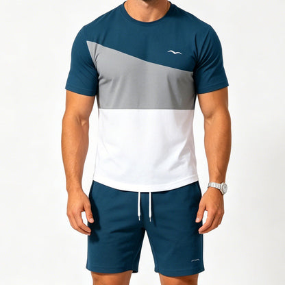 📢📢40% DE DESCONTO!! ⏰Conjunto de camiseta e bermuda masculina com blocos de cores