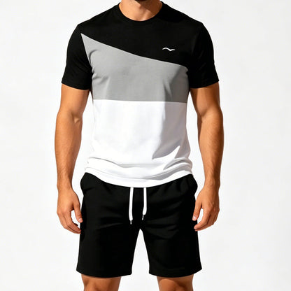 📢📢40% DE DESCONTO!! ⏰Conjunto de camiseta e bermuda masculina com blocos de cores