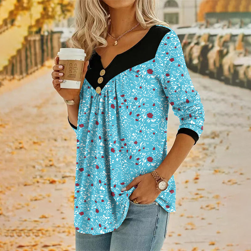 🔥Promoções de novos produtos-Camiseta feminina com estampa, decote em V e manga comprida