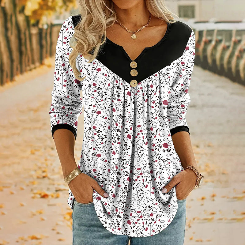 🔥Promoções de novos produtos-Camiseta feminina com estampa, decote em V e manga comprida