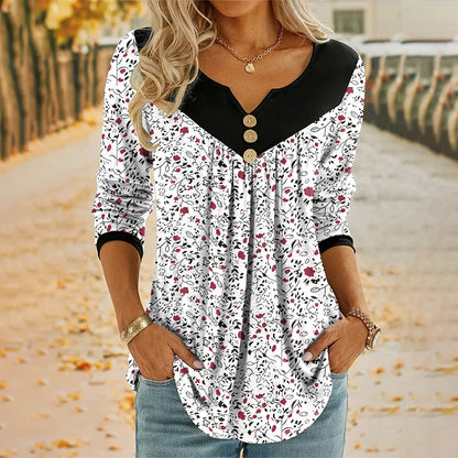 🔥Promoções de novos produtos-Camiseta feminina com estampa, decote em V e manga comprida