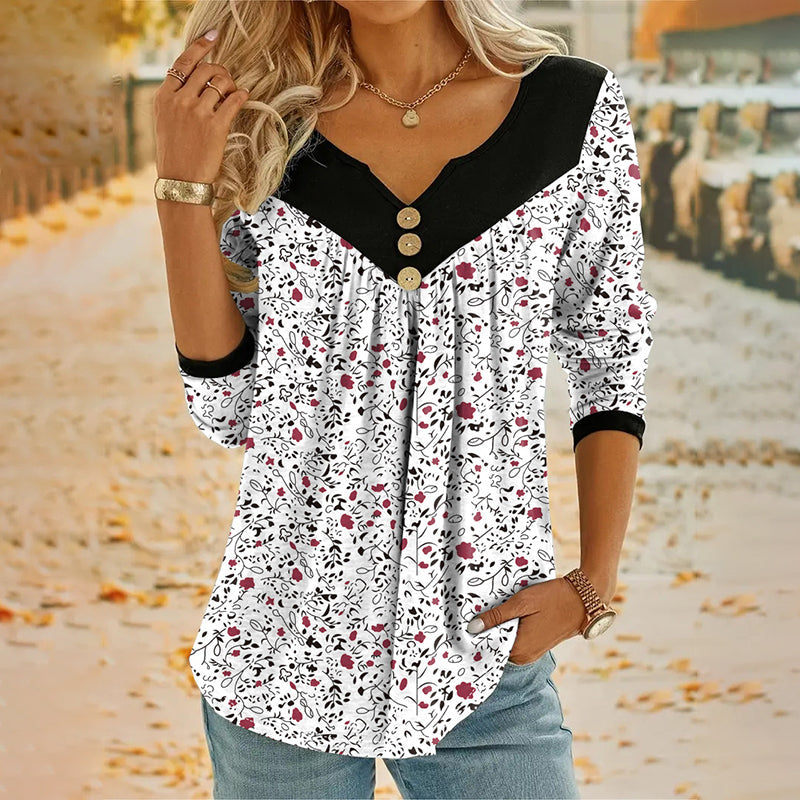 🔥Promoções de novos produtos-Camiseta feminina com estampa, decote em V e manga comprida