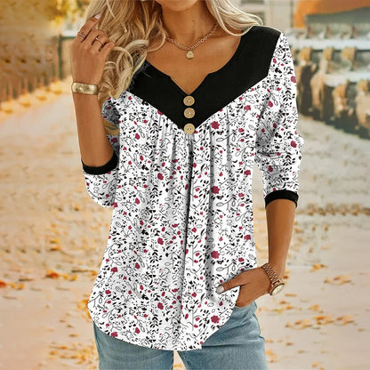🔥Promoções de novos produtos-Camiseta feminina com estampa, decote em V e manga comprida