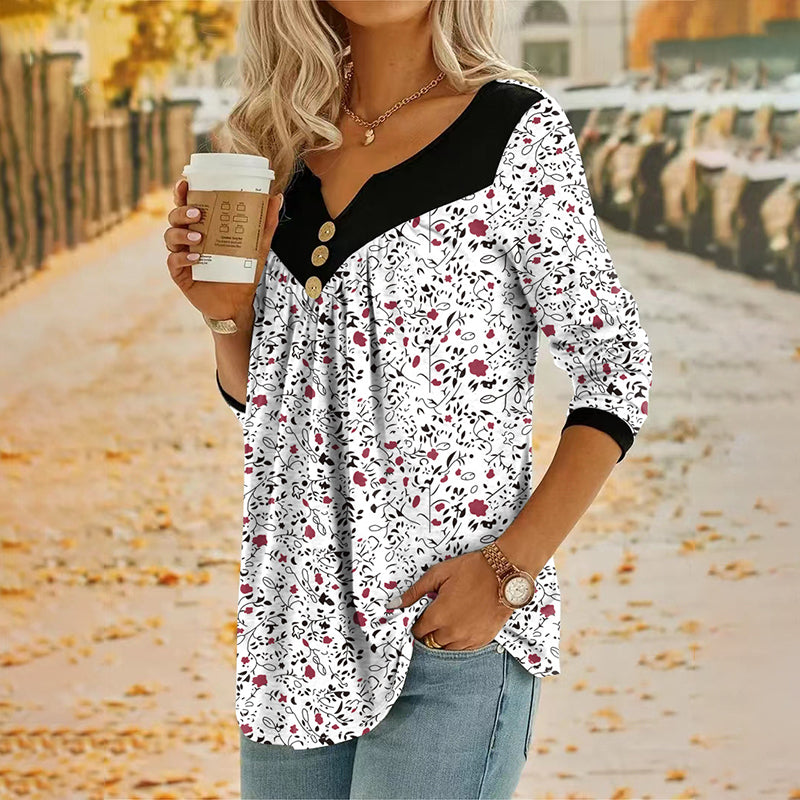 🔥Promoções de novos produtos-Camiseta feminina com estampa, decote em V e manga comprida