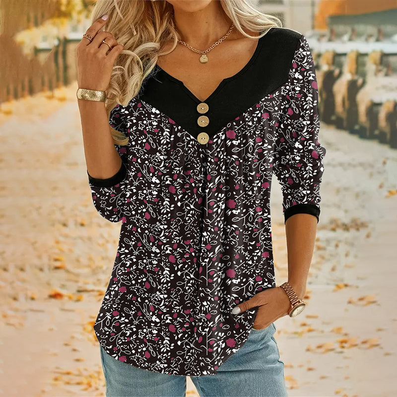 🔥Promoções de novos produtos-Camiseta feminina com estampa, decote em V e manga comprida