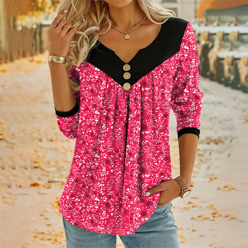 🔥Promoções de novos produtos-Camiseta feminina com estampa, decote em V e manga comprida