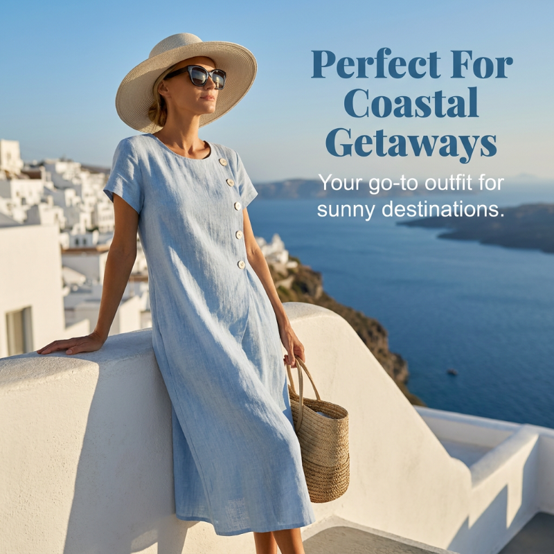 שמלת קיץ אלגנטית לנשים עם צווארון עגול בצבע אחיד