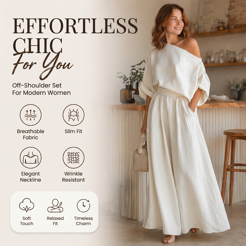 🔥Novidades e ofertas especiais — Conjunto feminino com blusa com ombros à mostra e calça de perna larga