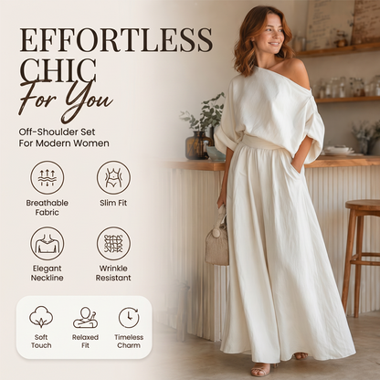🔥Novidades e ofertas especiais — Conjunto feminino com blusa com ombros à mostra e calça de perna larga
