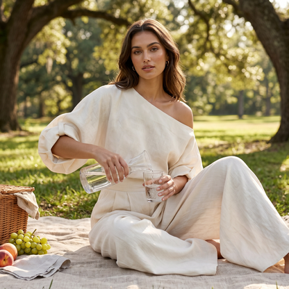 🔥Novidades e ofertas especiais — Conjunto feminino com blusa com ombros à mostra e calça de perna larga