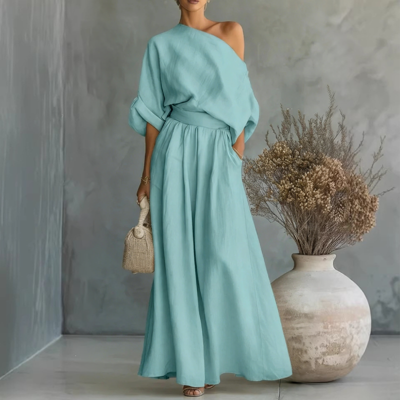 🔥Novidades e ofertas especiais — Conjunto feminino com blusa com ombros à mostra e calça de perna larga
