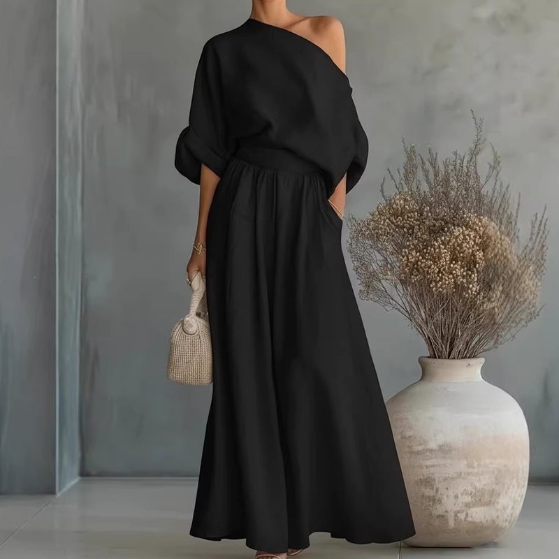 🔥Novidades e ofertas especiais — Conjunto feminino com blusa com ombros à mostra e calça de perna larga