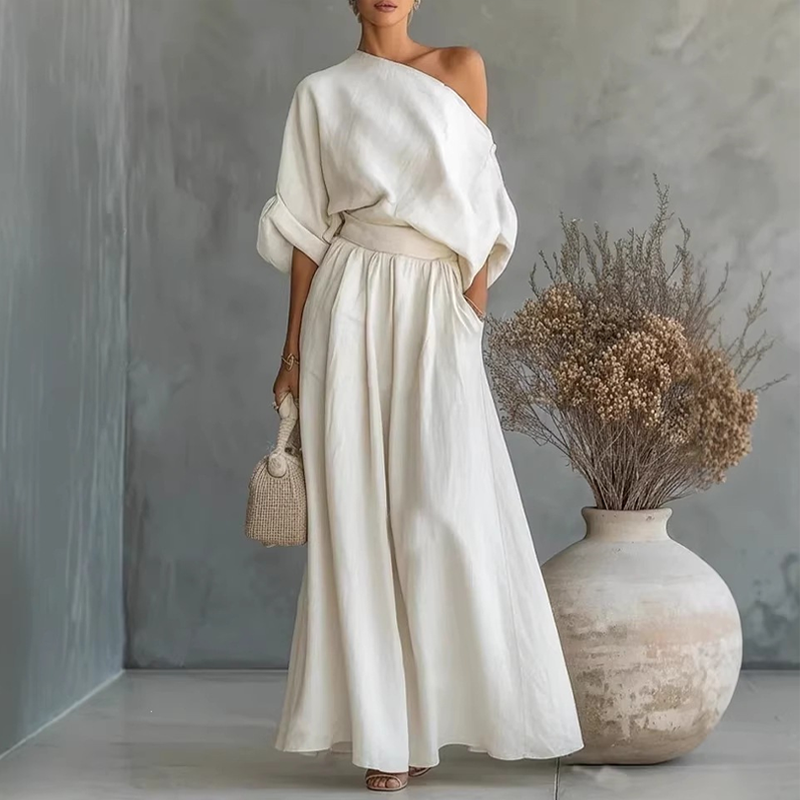 🔥Novidades e ofertas especiais — Conjunto feminino com blusa com ombros à mostra e calça de perna larga