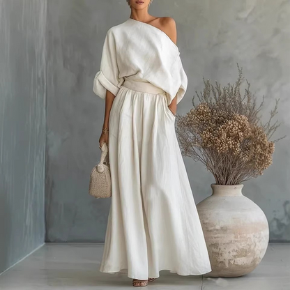 🔥Novidades e ofertas especiais — Conjunto feminino com blusa com ombros à mostra e calça de perna larga