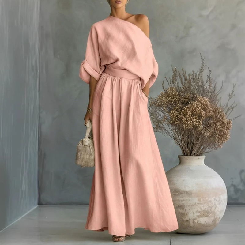 🔥Novidades e ofertas especiais — Conjunto feminino com blusa com ombros à mostra e calça de perna larga