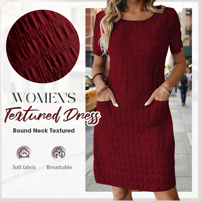 ⌛Oferta por tempo limitado — Vestido feminino com gola redonda, textura e comprimento na altura do joelho