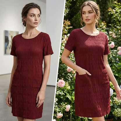 ⌛Oferta por tempo limitado — Vestido feminino com gola redonda, textura e comprimento na altura do joelho