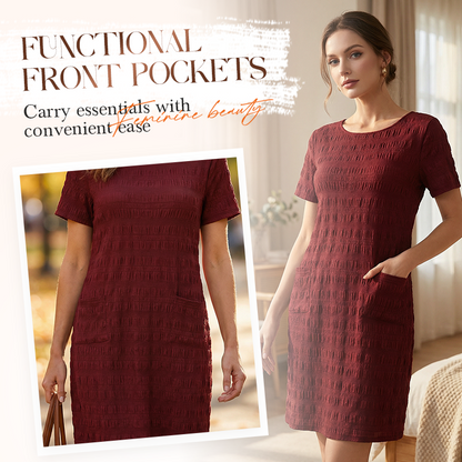 ⌛Oferta por tempo limitado — Vestido feminino com gola redonda, textura e comprimento na altura do joelho