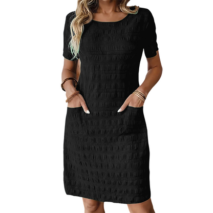 ⌛Oferta por tempo limitado — Vestido feminino com gola redonda, textura e comprimento na altura do joelho
