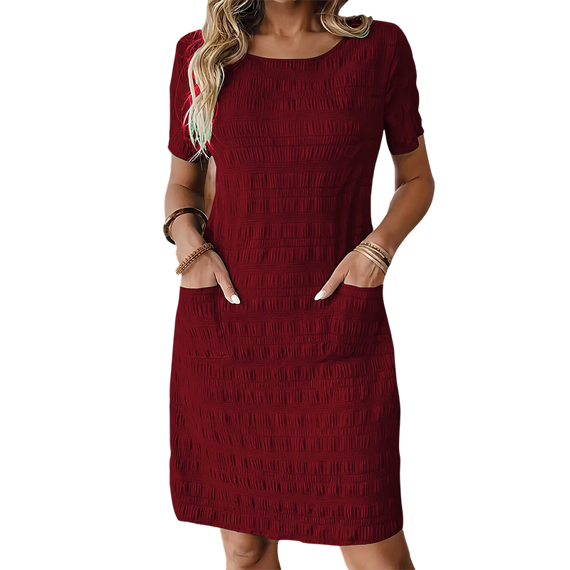 ⌛Oferta por tempo limitado — Vestido feminino com gola redonda, textura e comprimento na altura do joelho