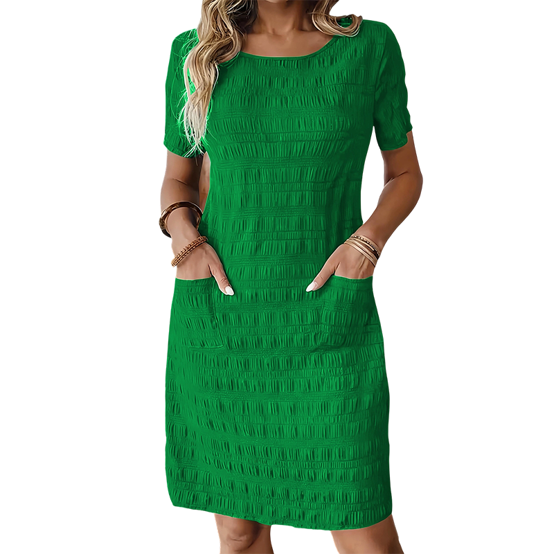 ⌛Oferta por tempo limitado — Vestido feminino com gola redonda, textura e comprimento na altura do joelho