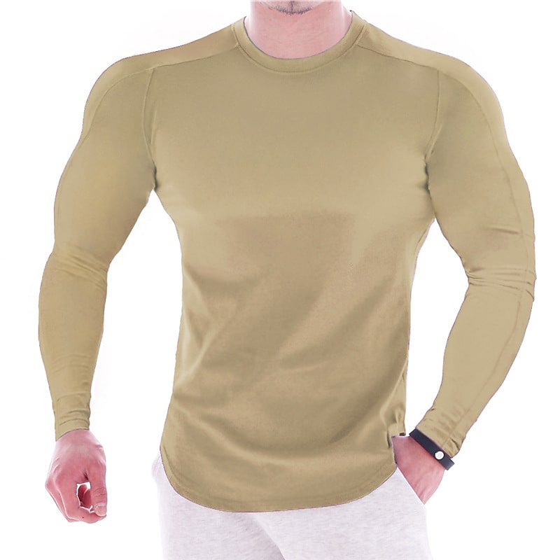 CAMISETA ESPORTIVA DE MANGA LONGA COM CORPO MARCADO, DE COR LISA, PARA HOMEM