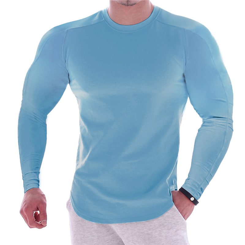 CAMISETA ESPORTIVA DE MANGA LONGA COM CORPO MARCADO, DE COR LISA, PARA HOMEM