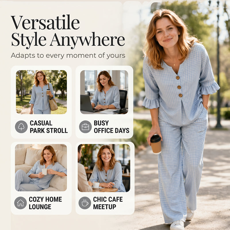 Conjunto feminino com blusa de gola em V e mangas com babados xadrez e calça