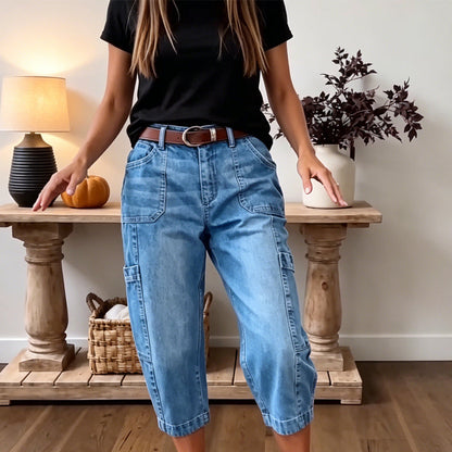 👖 מבצע מוגבל 50% הנחה! ✨ מכנסי ג'ינס קצרים ואלסטיים לנשים – חיתוך חבית, מותן בינוני, כיסים מרובים 🌿