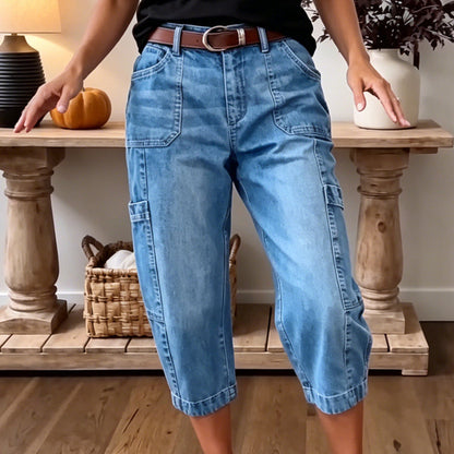 👖 מבצע מוגבל 50% הנחה! ✨ מכנסי ג'ינס קצרים ואלסטיים לנשים – חיתוך חבית, מותן בינוני, כיסים מרובים 🌿